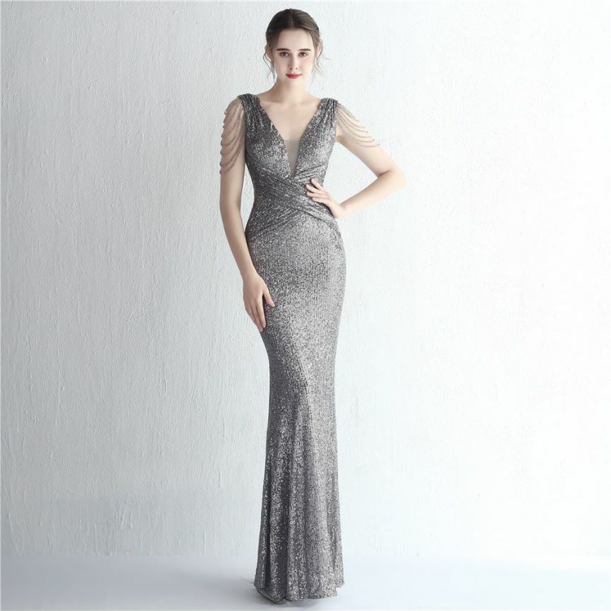 Illusion V-Neck Folded Waist Evening Gown (Silver) (Made To Order)