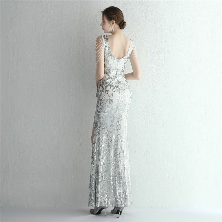 Fashion Crystal Sequins Pattern Evening Gown (Silver) (Made To Order)