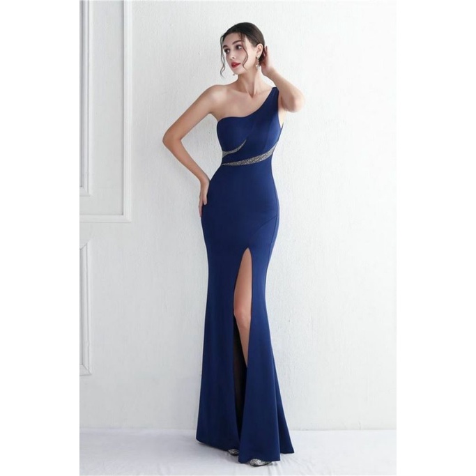 Elegant One Side Off Shoulder with High Slit Gowns (Blue) (Made To Order)