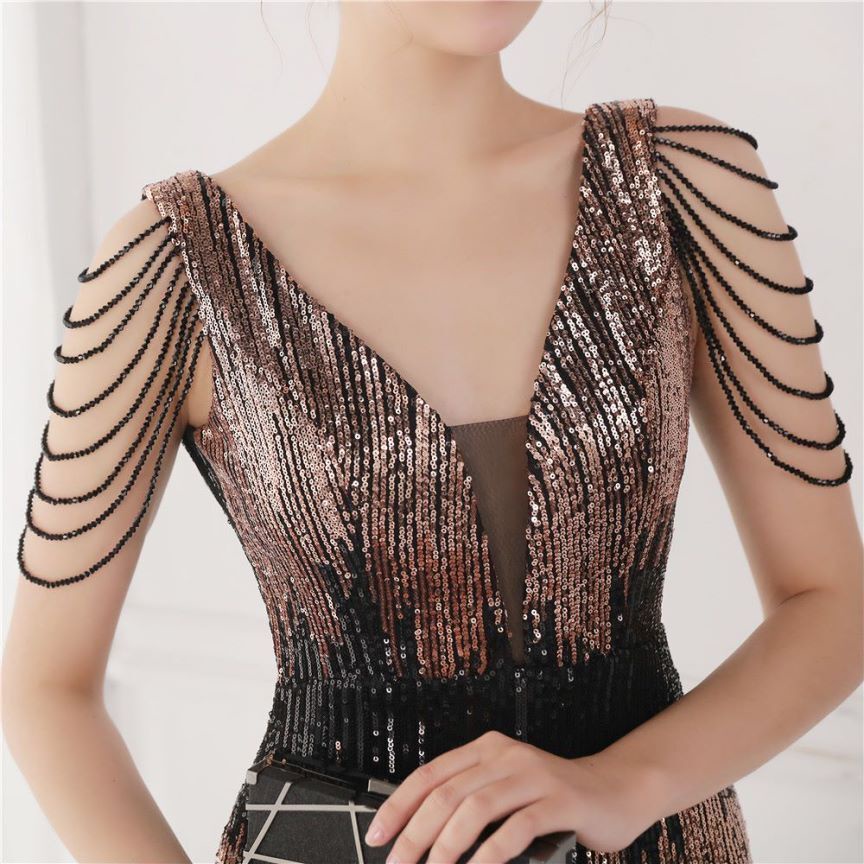 Fashion Crystal Sequins Duo Tone Mermaid Evening Gown (Black Gold) (Made To Order)