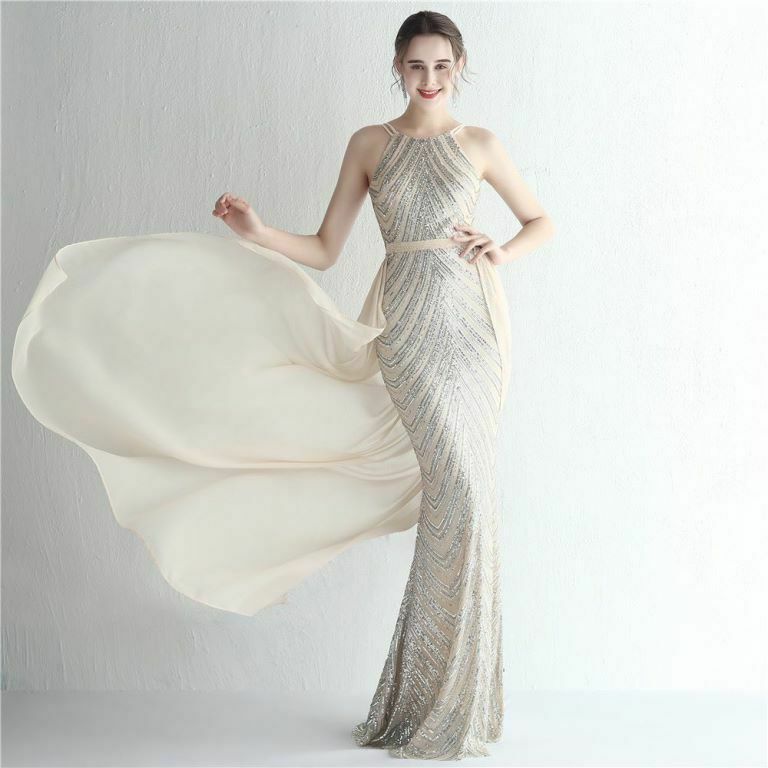 Halter Sequins with Cape Skirt in Mermaid Style Evening Gowns (Silver) (Retail)