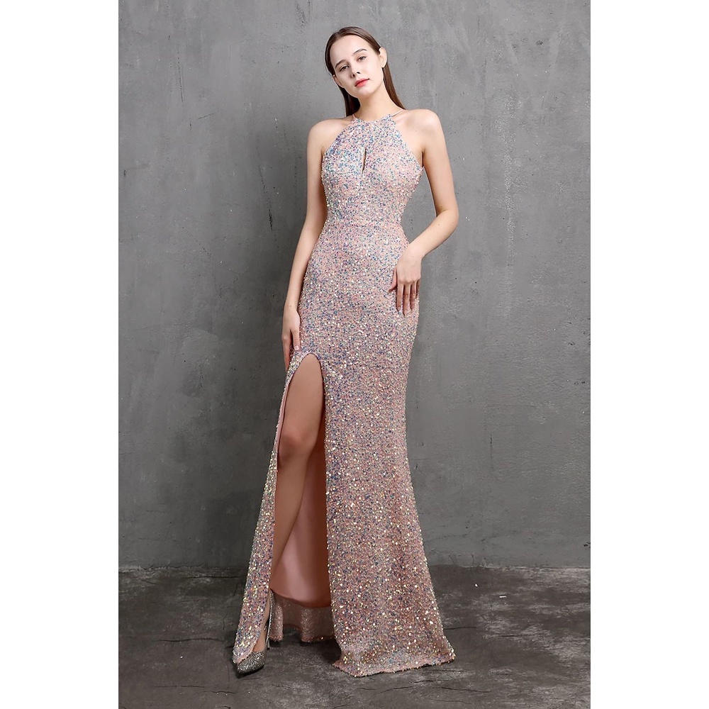 Elegant Halter Sequins Mermaid Gown (Pink) (Retail)