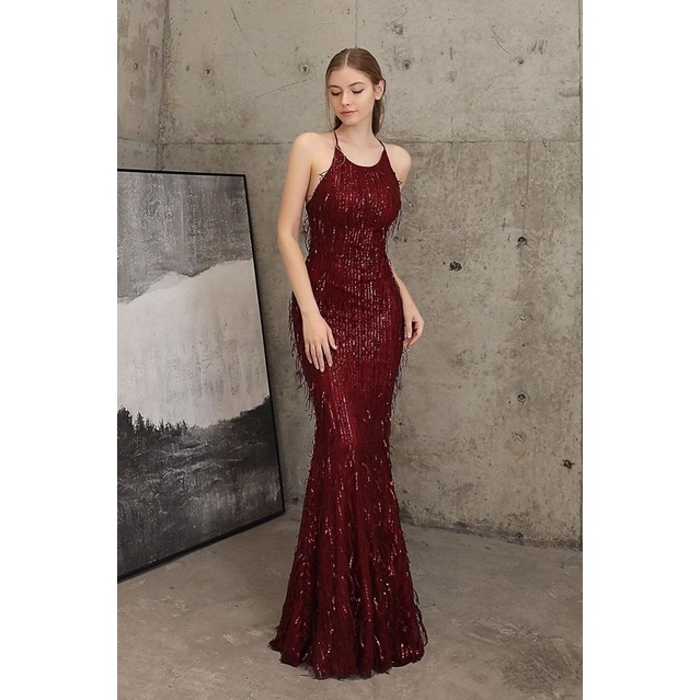 Halter with Back Cross Mermaid Evening Gown (Burgundy) (Made To Order)