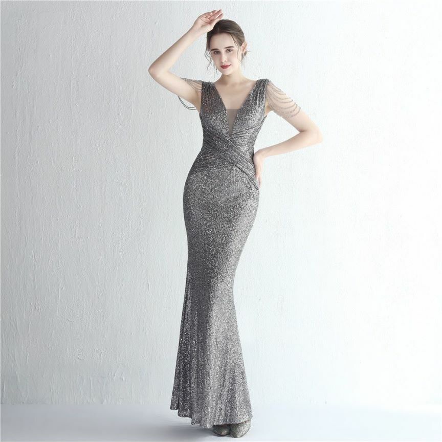 Illusion V-Neck Folded Waist Evening Gown (Silver) (Made To Order)