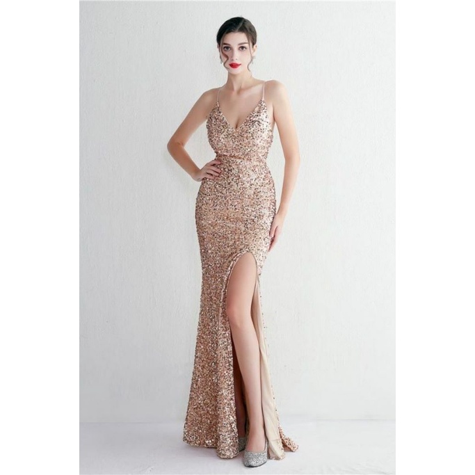 Gorgeous Open Back Spaghetti Evening Gown (Gold) (Made To Order)