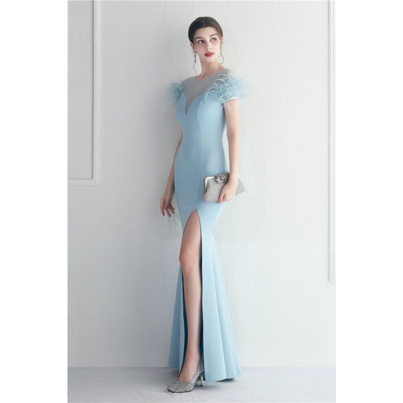 Short Sleeve with Feather Slim Cut Evening Gowns (Sky Blue) (Made To Order)