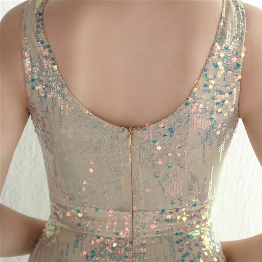 Multicolors Sequins V-Neck High Slit Evening Gown (Gold) (Retail)