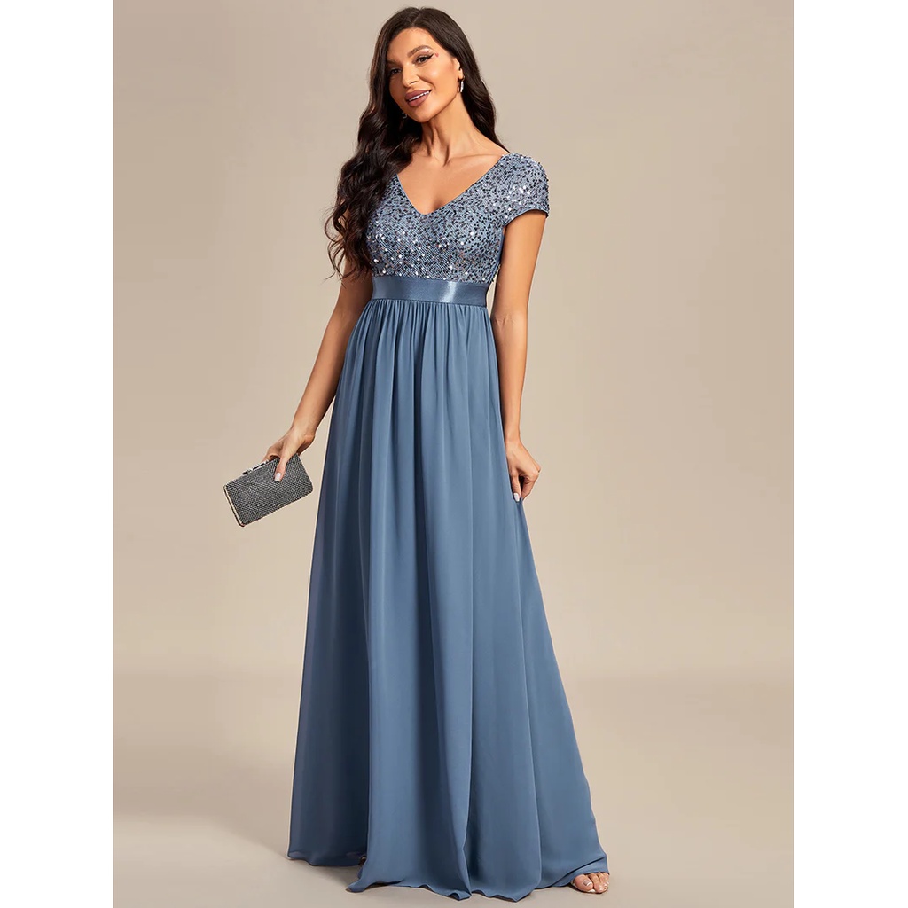 Short Sleeves Sequins A-Line Evening Gown (Dusty Navy) (Retail)