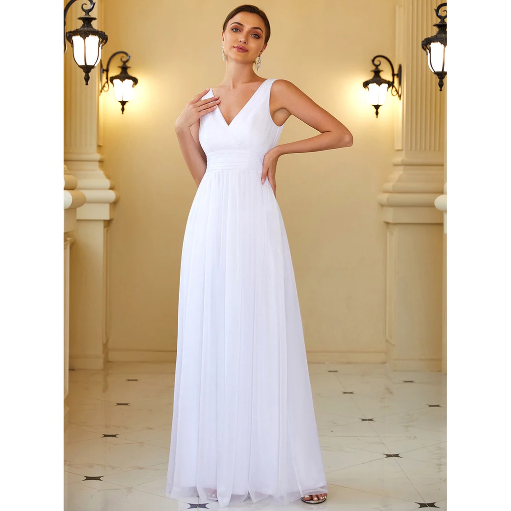 Pleated V Neck Shimmery Evening Dresses (White) (Made To Order)
