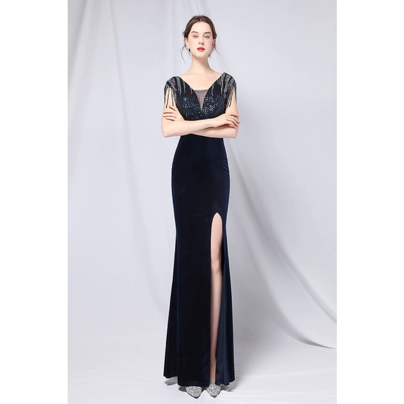 Short Sleeve Sequins Fitted Evening Gown (Navy Blue) (Retail)