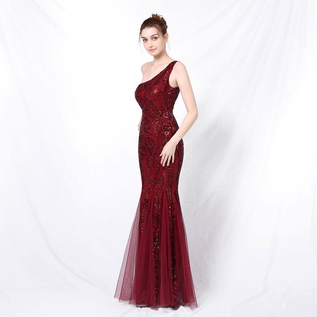 One Side Shoulder Sequins Mermaid Evening Gown (Burgundy) (Made To Order)