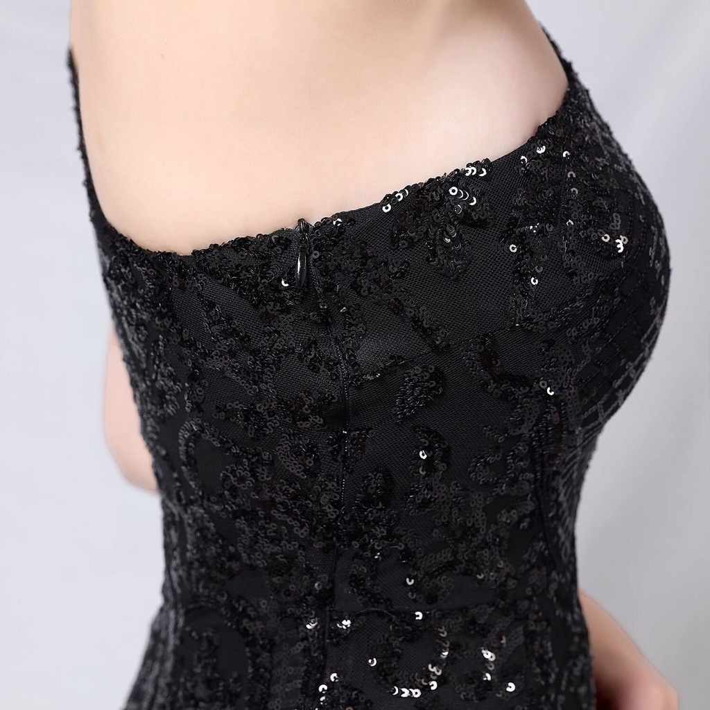 One Side Shoulder Sequins Mermaid Evening Gown (Black) (Made To Order)