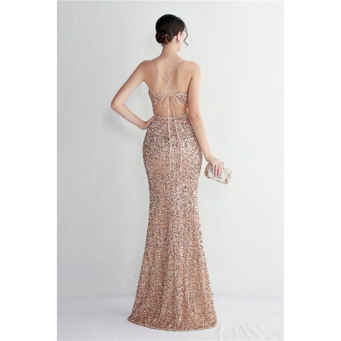 Gorgeous Open Back Spaghetti Evening Gown (Gold) (Made To Order)