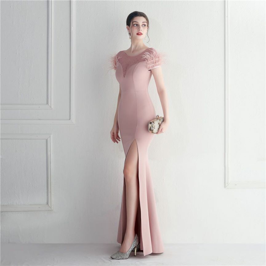 Short Sleeve with Feather Slim Cut Evening Gowns (Pink) (Retail)