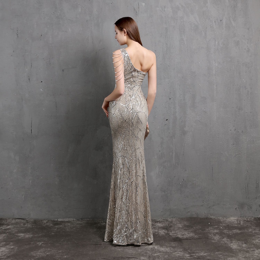 One Side Off Shoulder with Crystal Beads Sleeve Mermaid Evening Gown (Silver) (Made To Order)