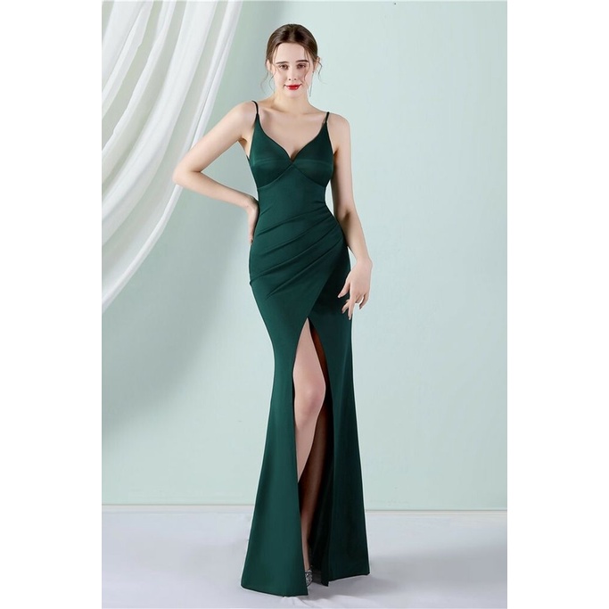 Spaghetti V Neck With Back Chain Evening Gown (Green) (Retail)