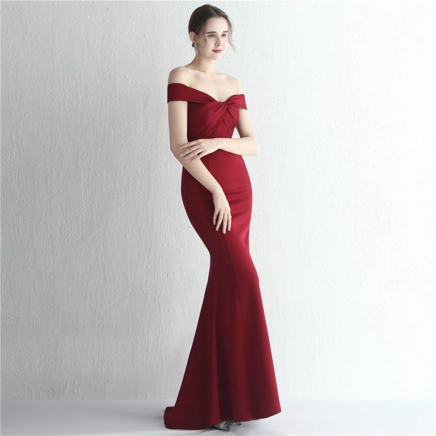 Off Shoulder Twist Slim Mermaid Long Evening Gown (Maroon) (Made To Order)