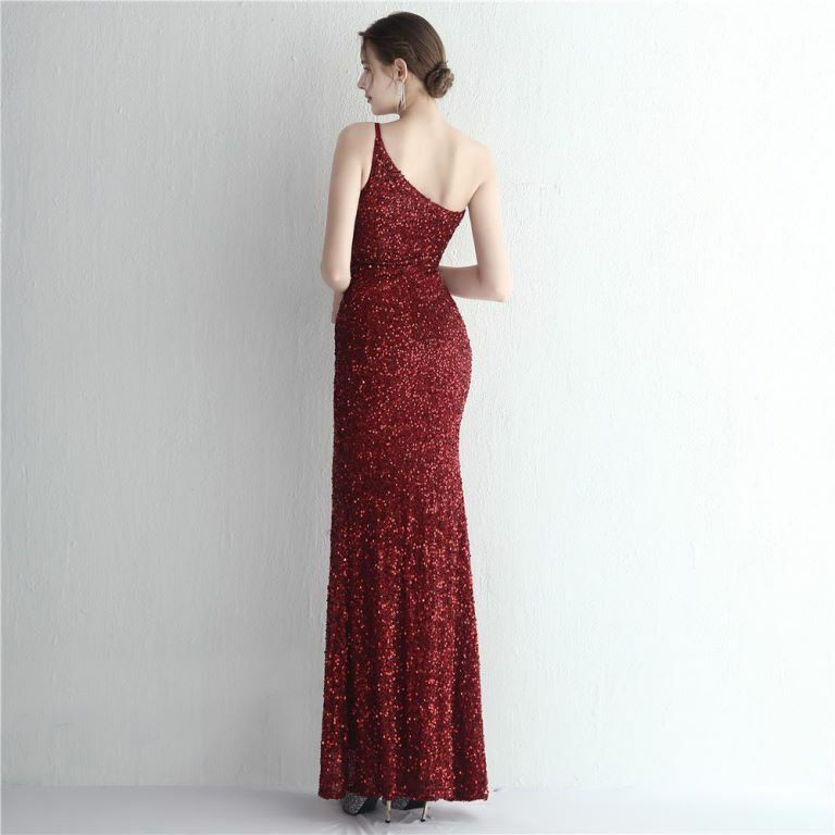 One Side Off Shoulder Sequins Slit Evening Gown (Burgundy) (Made To Order)