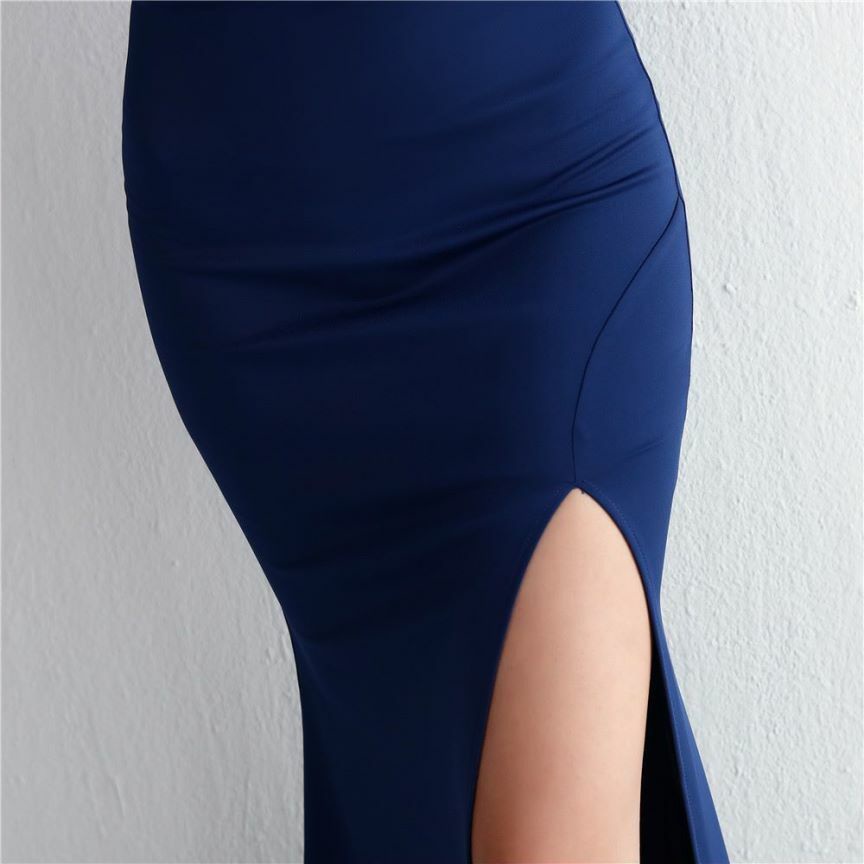 Strapless Feather Bodycon Evening Gown (Navy Blue) (Made To Order)