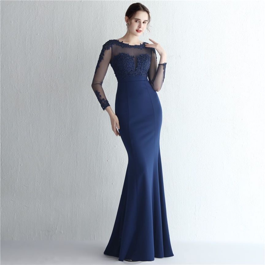 Elegant Long Sleeve Lace Mermaid Evening Gown (Navy Blue) (Retail)