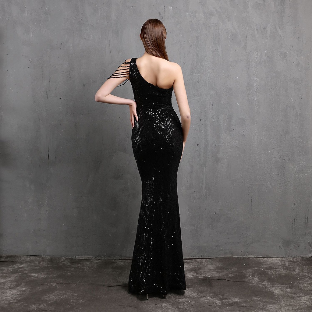 One Side Off Shoulder with Crystal Beads Sleeve Mermaid Evening Gown  (Black) (Retail)