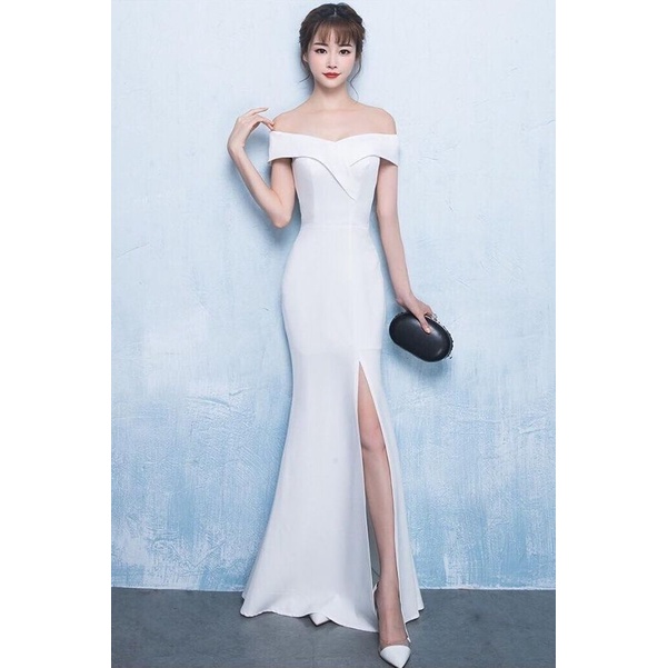 One Shoulder Fitted Slim High Slit Evening Gown (White) (Retail)