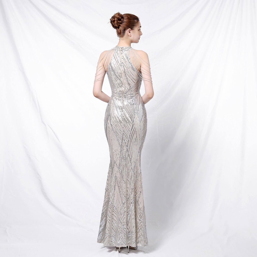 Sequins Halter Neck with Beads Mermaid Long Gown (Silver) (Retail)