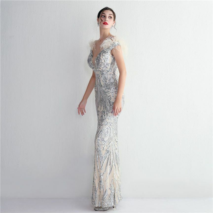 Elegant Off Shoulder Feather Mermaid Evening Gown (Silver) (Made To Order)