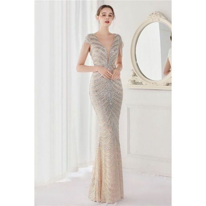 Illusion V-Neck Sequins with Beads Mermaid Evening Gown (Silver) (Retail)