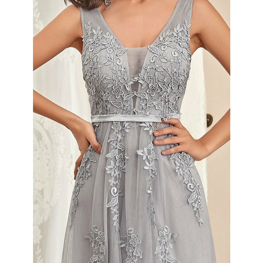 Floral Lace Illusion V-neck Long Maxi Evening Dresses (Grey) (Retail)