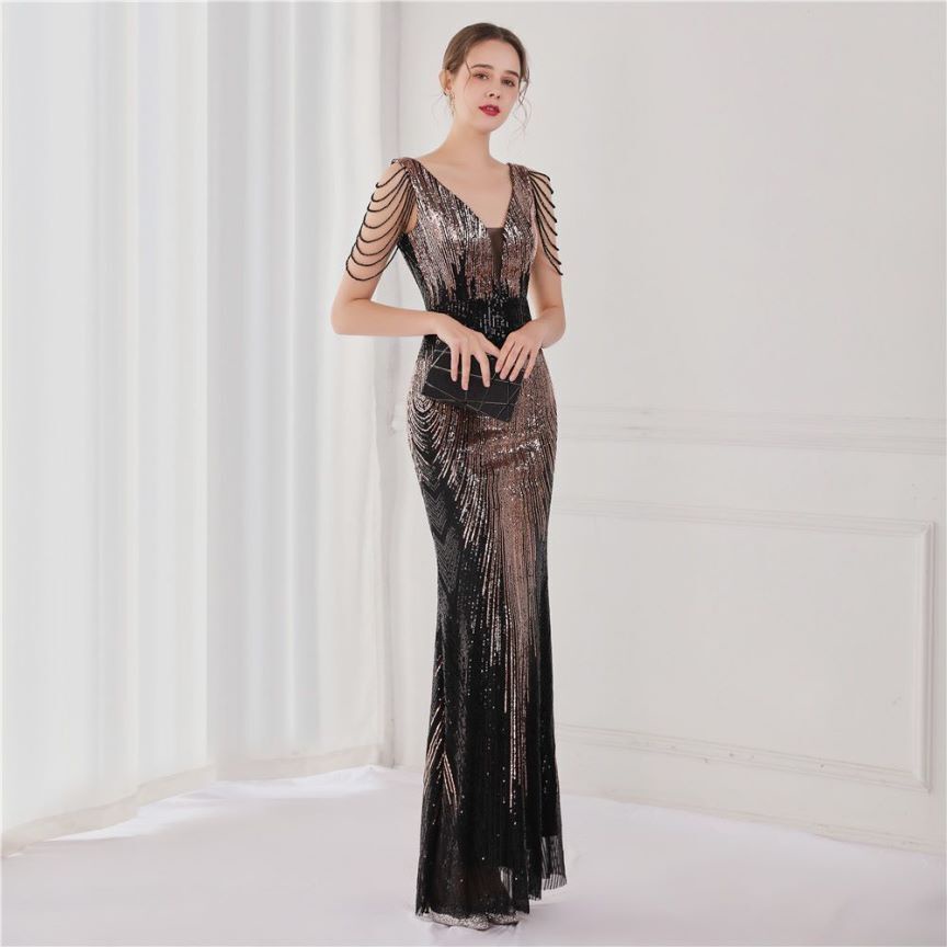 Fashion Crystal Sequins Duo Tone Mermaid Evening Gown (Black Gold) (Retail)