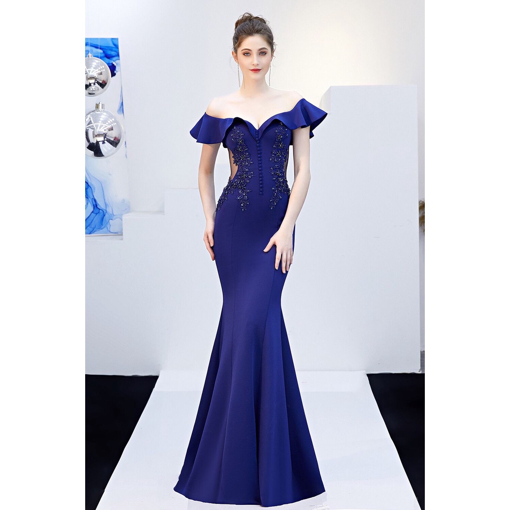 [ReadyStock] Off Shoulder Bodycon Mermaid Evening Gown - Blue
