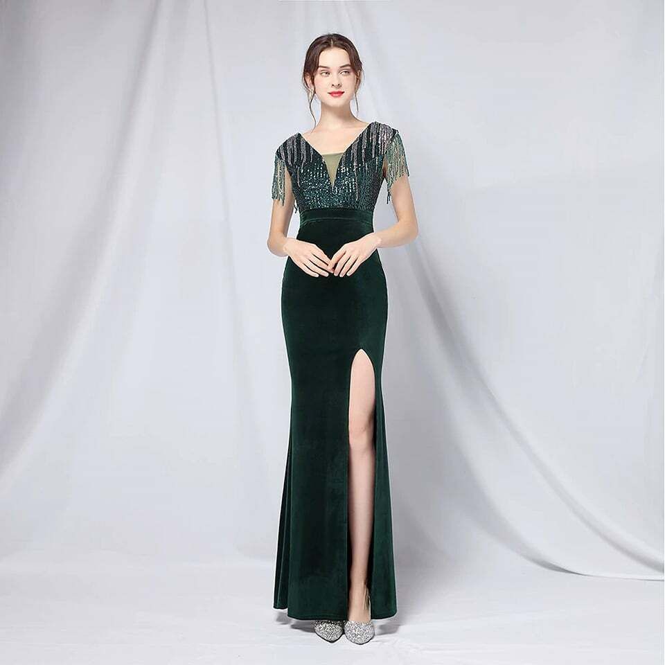 Short Sleeve Sequins Fitted Evening Gown (Green) (Made To Order)