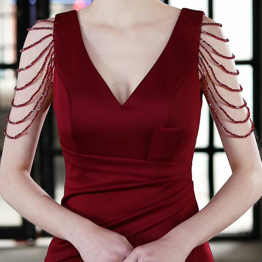 Beads Sleeve V-Neck Ruffles One Side Fitted Dinner Gown (Maroon) (Made To Order)