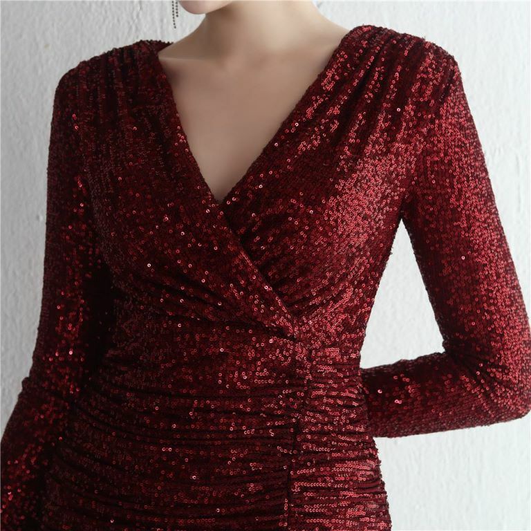 Long Sleeve Sequins Fitted Dress (Maroon) (Made To Order)