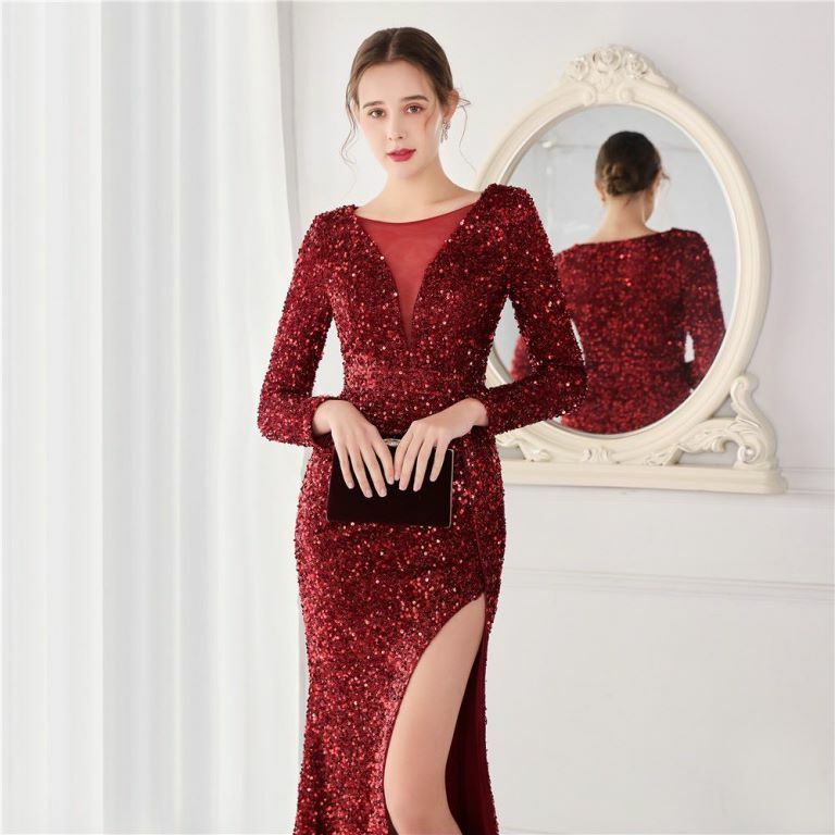 Long Sleeve Illusion V-Neck Evening Gowns (Maroon) (Made To Order)