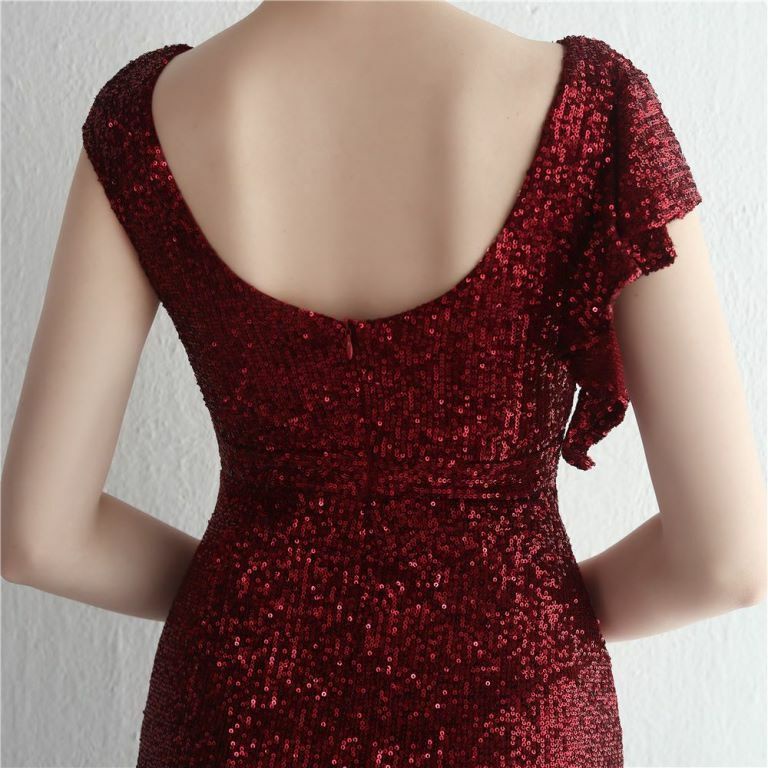 Cover Sleeve Sequins with Ruffles Slit Evening Gown (Maroon) (Made To Order)