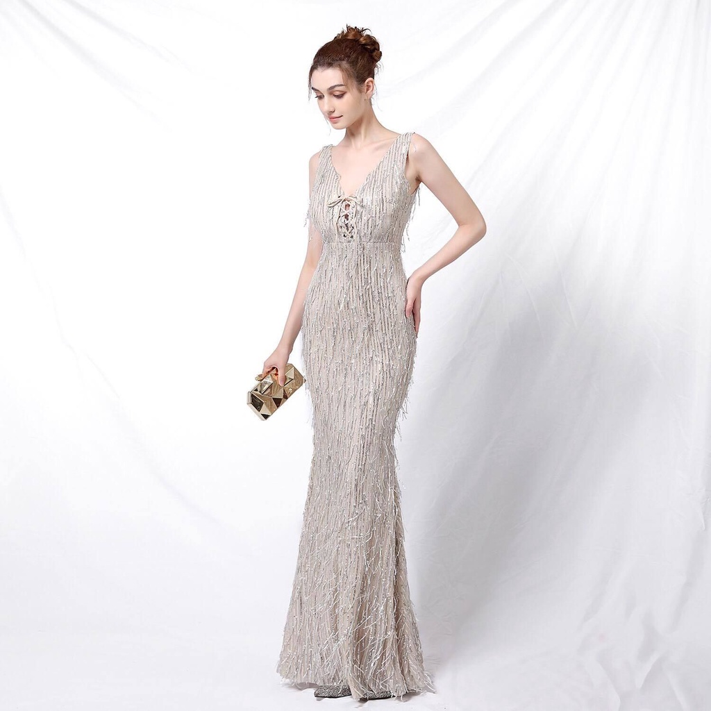 V-Neck Sequins Pattern Evening Gown (Silver) (Made To Order)