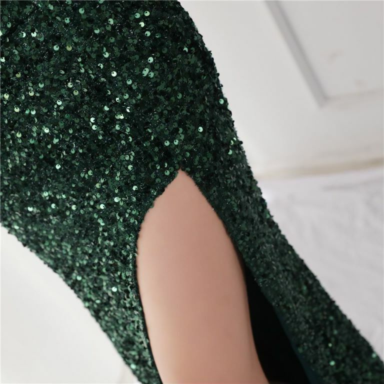 Long Sleeve Illusion V-Neck Evening Gowns (Green) (Made To Order)