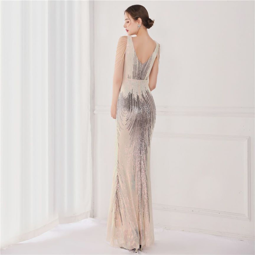 Fashion Crystal Sequins Duo Tone Mermaid Evening Gown (Silver Grey) (Made To Order)