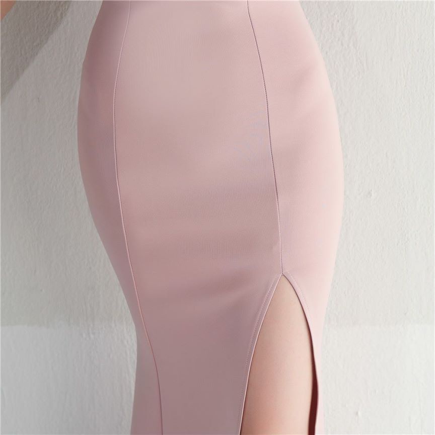 Short Sleeve with Feather Slim Cut Evening Gowns (Pink) (Retail)