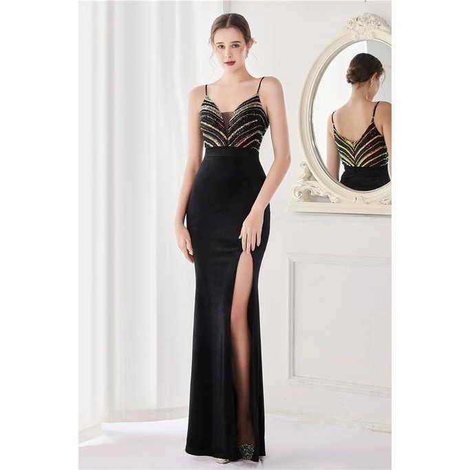 Spaghetti Pattern Sequins Slit Evening Gown (Black) (Retail)