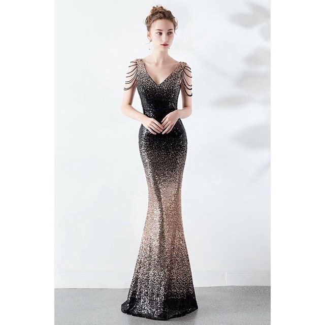 [ReadyStock] Elegant Sleeve Color Tones Mermaid Wedding Evening Gowns - Gold Black