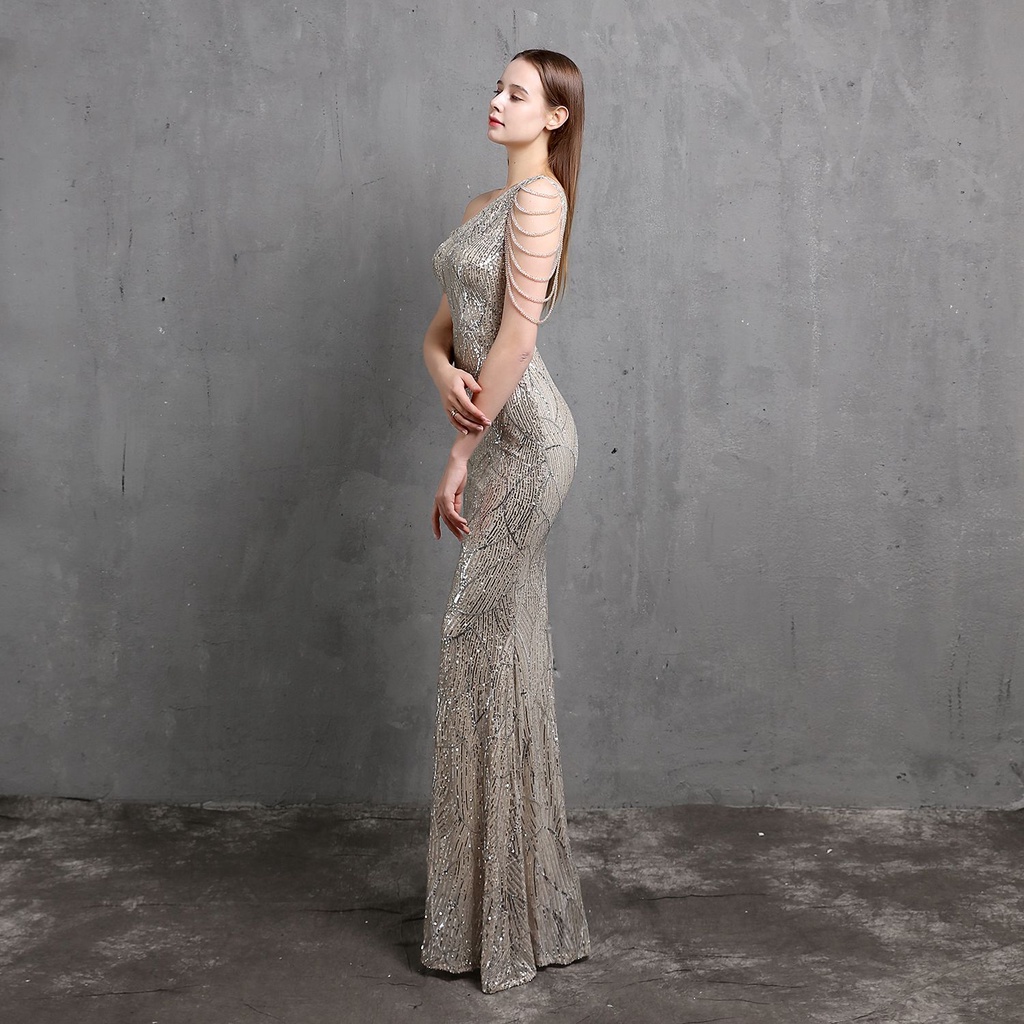 One Side Off Shoulder with Crystal Beads Sleeve Mermaid Evening Gown (Silver) (Made To Order)
