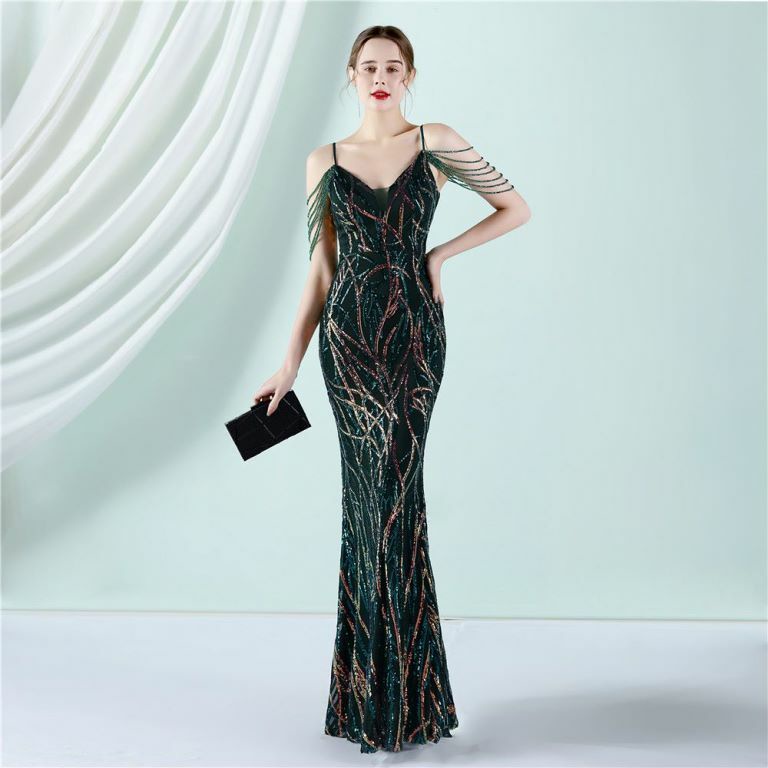 Spaghetti Pattern Sequins Mermaid Evening Gown (Green) (Made To Order)