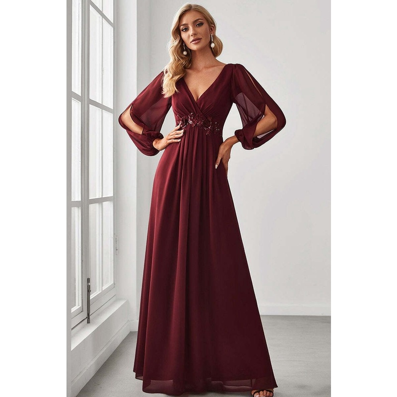 Long Lantern Sleeves V-Neck A-Line Evening Gowns (Maroon) (Made To Order)