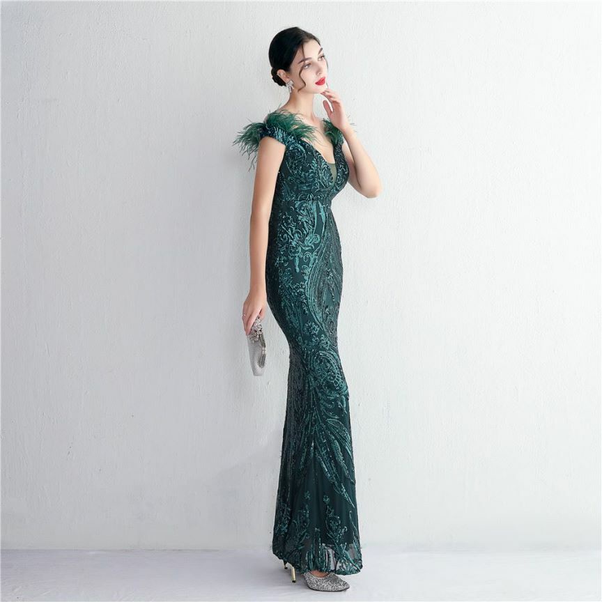 Elegant Off Shoulder Feather Mermaid Evening Gown (Green) (Made To Order)