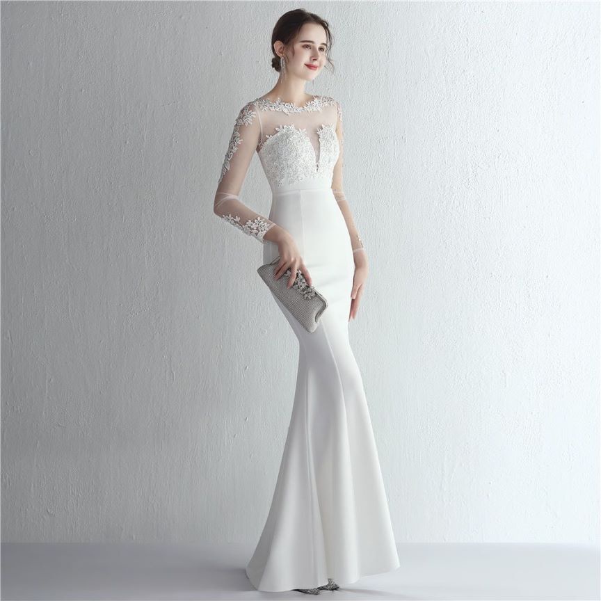 Elegant Long Sleeve Lace Mermaid Evening Gown (White) (Made To Order)