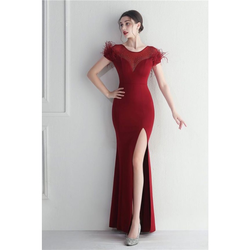 Short Sleeve with Feather Slim Cut Evening Gowns (Maroon) (Made To Order)