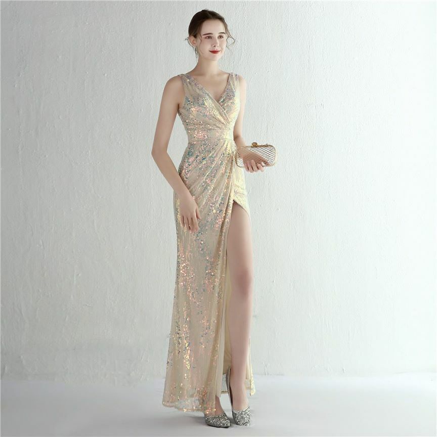 Multicolors Sequins V-Neck High Slit Evening Gown (Gold) (Retail)